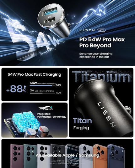 LISEN 54W Mini Cigarette Lighter Adapter Car Charger USB C Fast Charging, 12V Cigarette Lighter USB Car Charger Fast Charging Adapter, for iPhone 17 Pro Max 16 15 14 13 12 Plus Mini, Samsung S25 S24