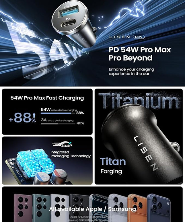 LISEN 54W Mini Cigarette Lighter Adapter Car Charger USB C Fast Charging, 12V Cigarette Lighter USB Car Charger Fast Charging Adapter, for iPhone 17 Pro Max 16 15 14 13 12 Plus Mini, Samsung S25 S24