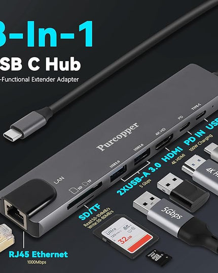 8 in 1 USB C Hub Ethernet Adapter with 4K HDMI, PD100W Charging, Gigabit Ethernet, SD/TF Card Reader,2X USB 3.0 Port, USB-C Data Port, Docking Station Compatible for MacBook, Tablet and Type C Devices