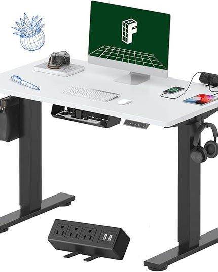 FLEXISPOT EN2 Whole-Piece Standing Desk with Clamp Power Strip, 40 x 24 Electric Stand Up Height Adjustable Desk with Cable Management (Black Frame + White Top, 2 Packages)