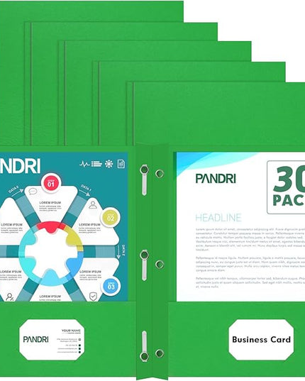 Two Pocket Folders, PANDRI 30 Pack Two Pocket Folders with Prongs, 3 Prong Folders Designed for Office and Classroom, Letter Size Green