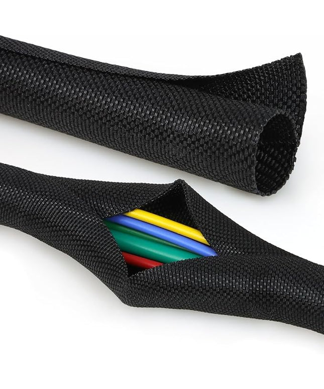 YOUBO Split Braided Cable Sleeve，Flexible Wire Loom Tubing, Automotive Cord Protector Pet Proof, Cable Management for Computer TV Electric Wires Harness 16ft (Black, 16mm（5/8")