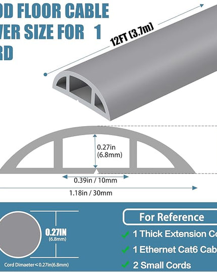 Floor Cord Covers for Wires 12FT Cable Hider Wire Cover Self Adhesive Cord Hider Floor for Offices, Homes, Workshops, Warehouses Cable Cavity 0.39" W x 0.27" H