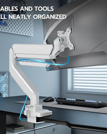 ARES WING Ultrawide Monitor Arm, Heavy Duty Single Monitor Mount for 13"-49" Curved Screens, Adjustable Stand for Desk with C-clamp & Grommet Base up to 40 LBS, White