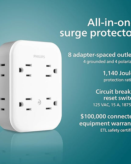 Philips All-in-One Surge Tap, 4 Grounded & 4 Polarized Outlets, 1140 Joules, Adapter-Spaced Design, ETL Certified, White/Gray, SPP3993W/37