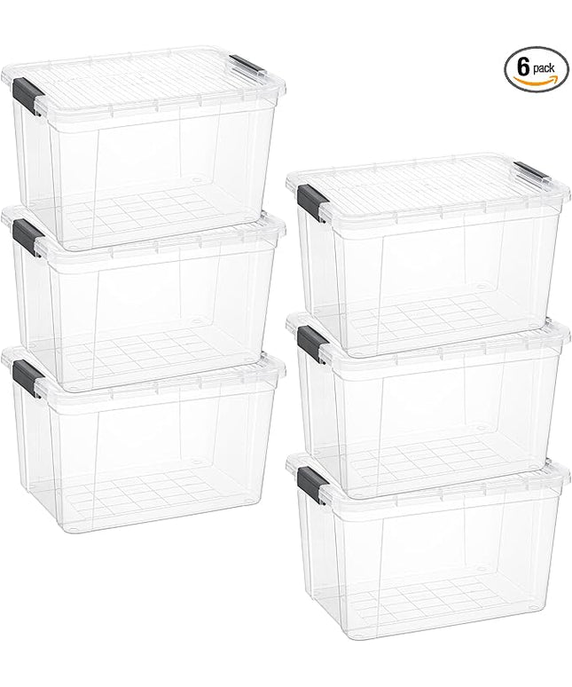 Superio Clear Storage Boxes with Lids, 26 Quart Plastic Container Bins for Organizing, Stackable Crates, BPA Free, Non Toxic, Odor Free, Organizers for Home, Office and Dorm, 6 Pack