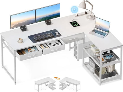 AODK 61 Inch L Shaped Computer Desk with Drawers, Corner Desk with Power Outlets & Reversible Storage Shelves, for Home Office Gaming, White