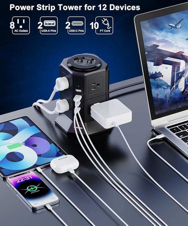 Surge Protector Power Strip with 4 USB Ports(2 Type C) 8 AC Outlets, 10 Ft Ultra Flat Extension Cord with Multiple Outlets, Ultra Flat Plug Power Strip, Desktop Outlet Extender for Home Office Dorm