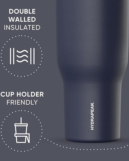 Hydrapeak Voyager 40 Oz Stainless Steel Tumbler with Handle, Insulated Water Bottle With Straw & Lid, Cupholder Friendly Reusable Travel Mug (Navy)