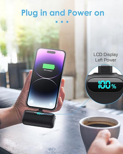 [2 Pack] Small Portable Charger for iPhone,Upgraded 5000mAh PD Fast Charging Power Bank, LCD Display Cute Mini Battery Pack Compatible with iPhone 14/14 Pro Max/13/13 Pro/12 Pro/11/XR/X/8,Black+Purple