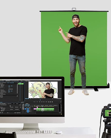 【Wider Style】 KHOMO Gear Green Screen 84 x 84 inch – Extra Large Pull Down Backdrop – Portable Collapsible Roll Down Projector Screen – Green Screen for Video, Streaming, and Photography