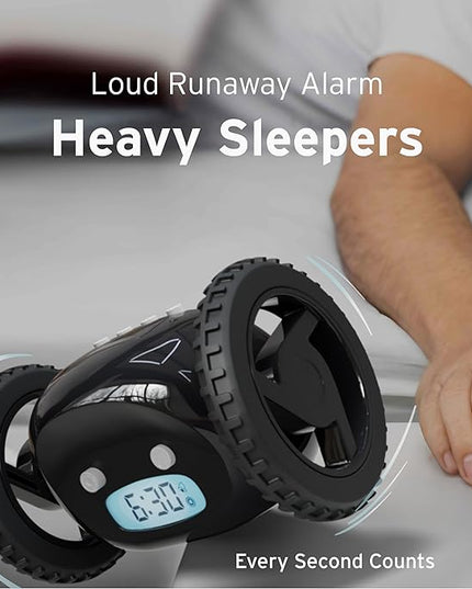 CLOCKY Extra Loud Alarm Clock for Heavy Sleepers on Wheels Rolls Runaway Vibrating Easy To Set Super Smart Snooze Digital Bed Shaker Alarm Clock Funny Gift for Adults Kids Teens Bedroom (Black Wheels)