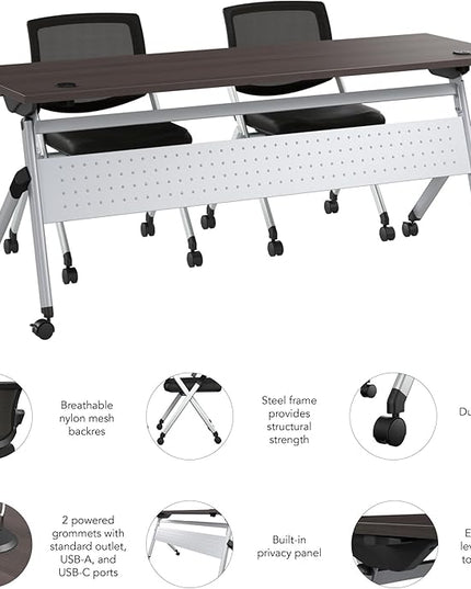 Bush Business Furniture Folding Training Table Set for 2, 72 inch Desk with Powered Grommets and 2 Chairs, Commercial-Grade Bundle for Office or Classroom, Envision Collection, Gray