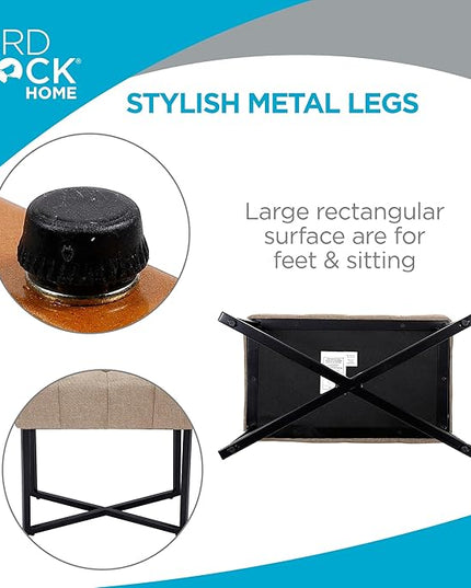 BIRDROCK HOME Rectangular Tufted Foot Stool Ottoman with Soft Padded Cushion - Versatile Vanity Chair for Bedroom, Living Room, Bathroom - Compact Seating for Adults - Beige with Black Metal Legs