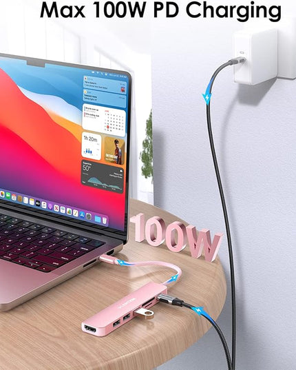 LENTION USB C Hub with 100W Charging, 4K HDMI, Dual Card Reader, USB 3.0 & 2.0 Compatible MacBook Pro, New Mac Air/Surface, Chromebook, More, Stable Driver Adapter (CB-CE18, Rose Gold)