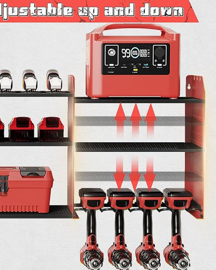 Power Tool Organizer with Charging Station Wall Mount, 3 Layer Expanded Heavy Duty Garage Organization, 45.5 Inch Length Garage Tool Storage, 8 Drills, 2 Assemble Method, Red