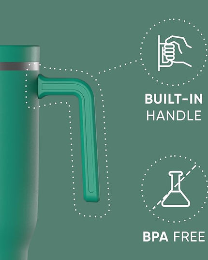 Hydrapeak Voyager 40 Oz Stainless Steel Tumbler with Handle, Insulated Water Bottle With Straw & Lid, Cupholder Friendly Reusable Travel Mug (Kelly Green)