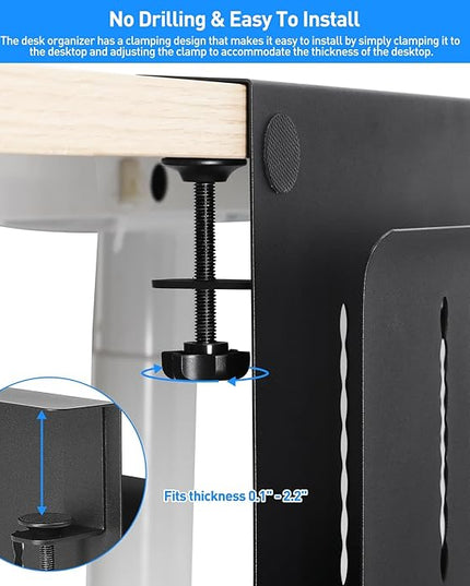 MAXECHO Desk Side Storage, Under Desk Laptop Mount, Table Side Hanging File Organizer, No Drill Clamp On Cable Management Tray, Laptop Holder with Magnetic Pen Holder for Office and Home, Load 22 Lbs