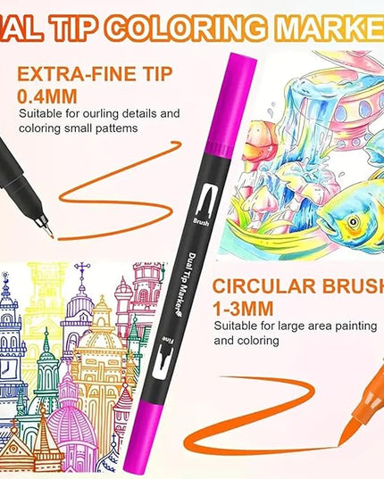 Dual Brush Markers Pens, 120 Colors Dual Tip(Fineliner & Brush) Art Markers, Artist Coloring Marker Set for Adult Coloring Books No Bleeding
