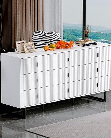 Chrangmay Modern Chest of Drawers with 9 Drawers,Deep Drawers,Clothes Organizer,Large Storage Cabinet for Living Room, Bedroom,Hallway,with Anti-Tipping Device, White