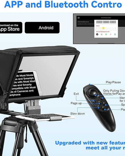 TX12P Teleprompter with Remote App Control, 14inch Metal Teleprompter，Compatible with iPad, Smartphone, DSLR Camera,Collapsible with Carry Case,Easy to Assemble