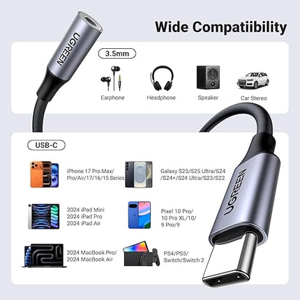 UGREEN 2 Pack USB C to 3.5mm Audio Adapter Type C to Headphone Aux Jack Dongle 24bit/96kHz HiFi DAC Cable Cord Compatible with iPhone 17 16 Pro Max/16 Plus, iPad, Galaxy S25 S24 Ultra, Pixel 10, Grey