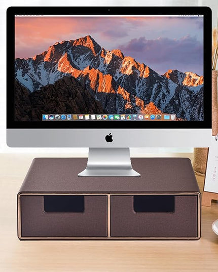 Linen Leather Desk Organizer and monitor stand with Drawers－Mini Desktop Drawer Organizer Stackable－Tabletop Organization Storage Box for Office Supplies Home Vanity Toiletries (Brown, 2-drawers)