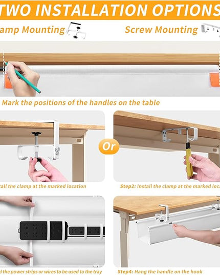 No Drill Under Desk Cable Management Tray, 28" Cord Organizer with Clamp, Fabric Cable Management for Standing Desks, Ideal for Home & Office - White