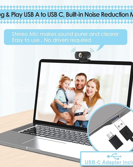 USB C Webcam for Switch 2 / PC: 1080P HD Web Cam with Mic,Computer Camera with Privacy Cover & Tripod Stand for MAC Desktop Laptop, Wide Angle Webcam Pro Streaming Web Camera for Skype/Teams/Webex