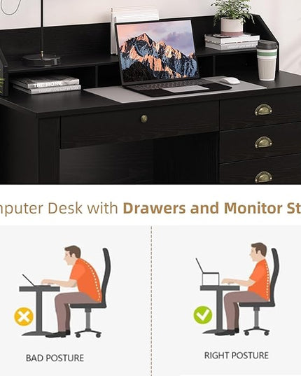 4 EVER WINNER Black Desk with Drawers, Small Desk with File Drawer and Monitor Stand, Computer Desk with Storage, Writing Desk for Bedroom Home Office, Black