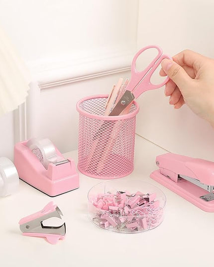 SKYDUE Pink Office Desk Accessories, Pink Office Supplies, Stapler, Tape Dispenser, Scissors, Clips and 1000pcs Staples,Office Supplies for Desk for Women