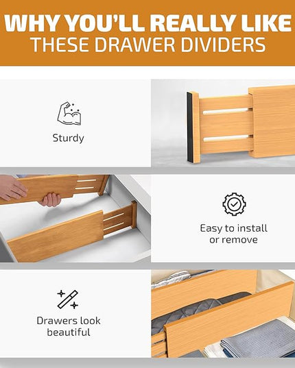 6 Pack Drawer Dividers 4 Inch High, 11”-17" Adjustable Bamboo Organizers Large Expandable Drawer Separators for Cloths, Dresser, Bedroom, Bathroom, Baby Drawer, Office & Kitchen Utensils (Natural)
