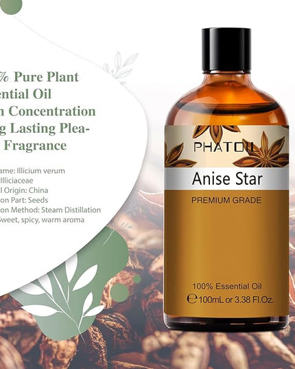 Anise Star 3.38fl.oz Essential Oil, PHATOIL Pure Aromatherapy Oils for Diffuser, Humidifier, Perfect for DIY Soap, Candle, Bath Bombs Making(100ml)