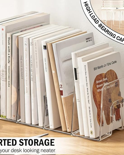 Clear Desktop Book Organizer, Creative Book Stand, Divider Bookshelf for Home School and Office, Non-Acrylic Stand Bookshelves (4 Sections), Transparent, Pack of 2
