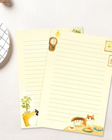 37 Pcs Stationery Paper Envelopes Set Includes 24 Lined Writing Paper & 12 Envelopes with 48 Colorful Round Dot Stickers, Cute Vintage Cat Letter Writing and Stationery Paper Envelopes(4Style)