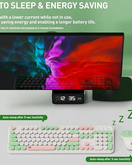 FOPETT 2.4GHz Wireless Keyboard and Mouse Set with Switch Button - Full-Size Keyboard - Compatible for Windows/Laptop/PC/Notebook/Smart TV and More - White Green