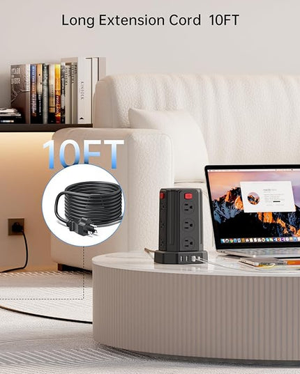 Power Strip Surge Protector, 10 Ft Extension Cord with 12 AC Multiple Outlets 4 USB (1 USB C), SMALLRT Power Tower Desktop Charging Station (Black, 10 FT PD20W)
