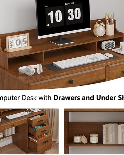 4 EVER WINNER Computer Desk with Drawers for Small Spaces, Wood Desk with File Cabinet & Monitor Stand, Office Desks Writing Study Table for Bedroom, Brown