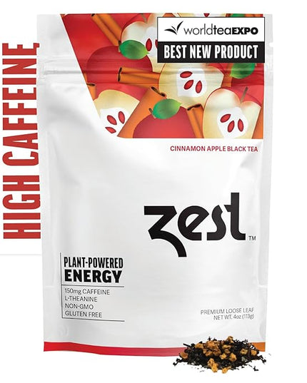 Zest 150mg High Caffeine Energy Loose Leaf Blend - Cinnamon Apple Black Tea - 4 Oz - All Natural Strong Flavored Healthy Coffee Alternative Highly Caffeinated Substitute - Perfect for Keto Diet