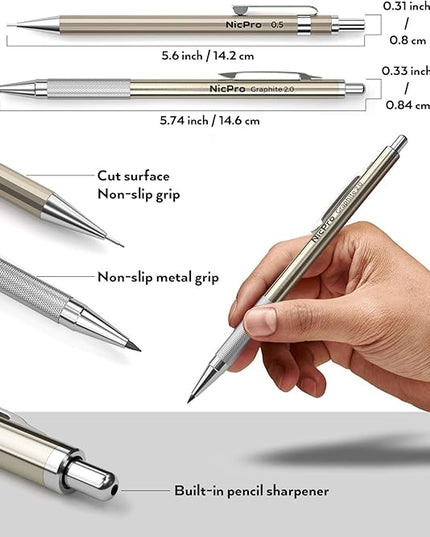 Nicpro 29PCS Metal Mechanical Pencil Set in Leather Case, 0.3 & 0.5 & 0.7 & 0.9 & 2mm Lead Pencil Holder, (6B 4B 2B HB 2H 4H) Lead Refills (Black & Colors), Erasers For Art Drafting Sketching Drawing