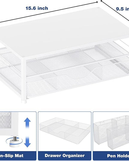 OPNICE Desk Organizers and Accessories, 2-Tier Computer Monitor Stand Riser with Drawer and 2 Pen Holders, Laptop Stand, Office Desk Accessories for Office Supplies, White
