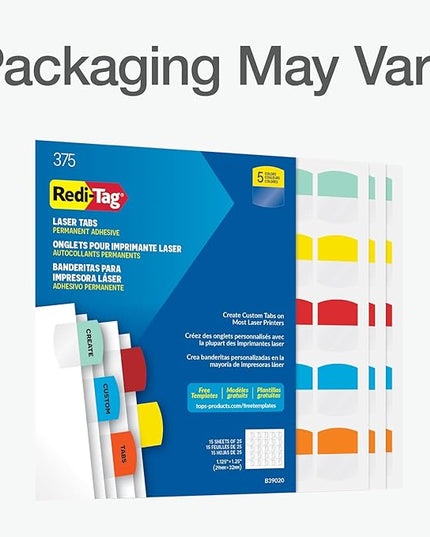 Redi-Tag Laser Printable Tabs, Permanent Index Tabs, Customizable Adhesive Labels, 5 Assorted Colors: Yellow, Red, Blue, Green, Orange, 1.125" x 1.25", 375 Per Pack (B39020)
