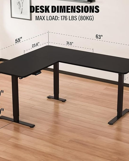 63 x 55 inch L Shaped Standing Desk, Corner Computer Desk, Electric Adjustable Height Stand Up Table, L Sit Stand Desk for Home Office Gaming, Classic Black