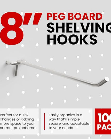 100 Pack PEG Board Pegboard Shelving Hooks 8" Length Wholesale Lot