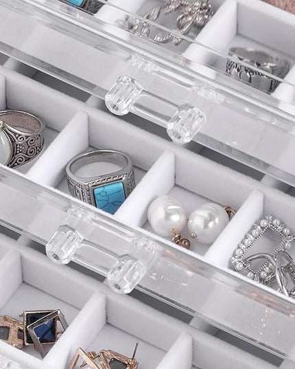 Frebeauty Acrylic Jewelry Organizer Earring Organizer Box with 5 Drawers Earring Holder Organizer with Velvet Trays Clear Jewelry Box for Women Earring Display for Rings Studs(White)
