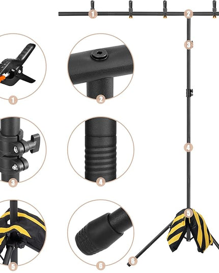 8x5ft T-Shape Backdrop Stand, Adjustable Background Support Stand Kit, Portable Photo Banner Holder with 6 Spring Clamps, Sandbag, Carry Bag for Party, Wedding, Photography and Decoration