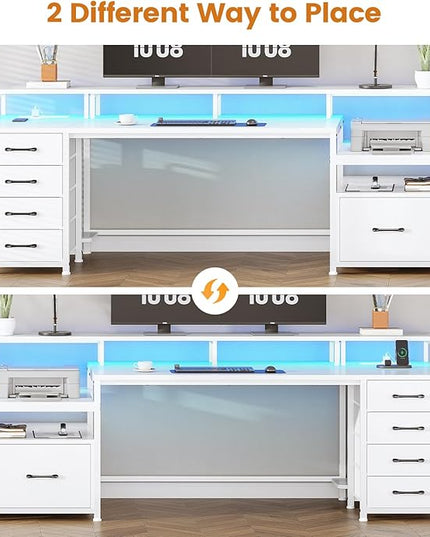 SEDETA White Computer Desk with 5 Drawer & Power Outlet, 75'' Home Office Desk with File Drawer, Storage Shelves, Printer Cabinet and Monitor Shelf, Gaming Desk with Led Lights, 23.6" W Desktop