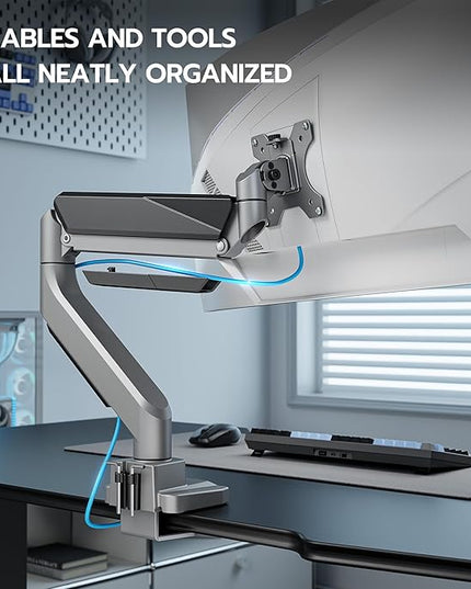ARES WING Ultrawide Monitor Arm, Heavy Duty Single Monitor Mount for 13"-49" Curved Screens, Adjustable Stand for Desk with C-clamp & Grommet Base up to 40 LBS, Gray