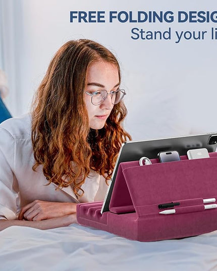 KDD Tablet Pillow Holder, Foldable iPad Stand for Lap, Bed and Desk -Tablet Soft Pad Dock with Pocket & Stylus Mount Compatible with iPad Pro 12.9, 10.5, 9.7 Air Mini 6 5 4 3, Galaxy Tab, E-Reader