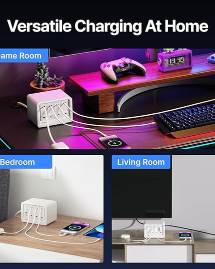 Gitryin 12-in-1 Desktop Charging Station with 3 Retractable Type-C Chargers and 1 Lightning Charger, 40W USB-C Power Strip with 33.5in Cable, Extension Cord with 1020J Surge Protection for Home Office